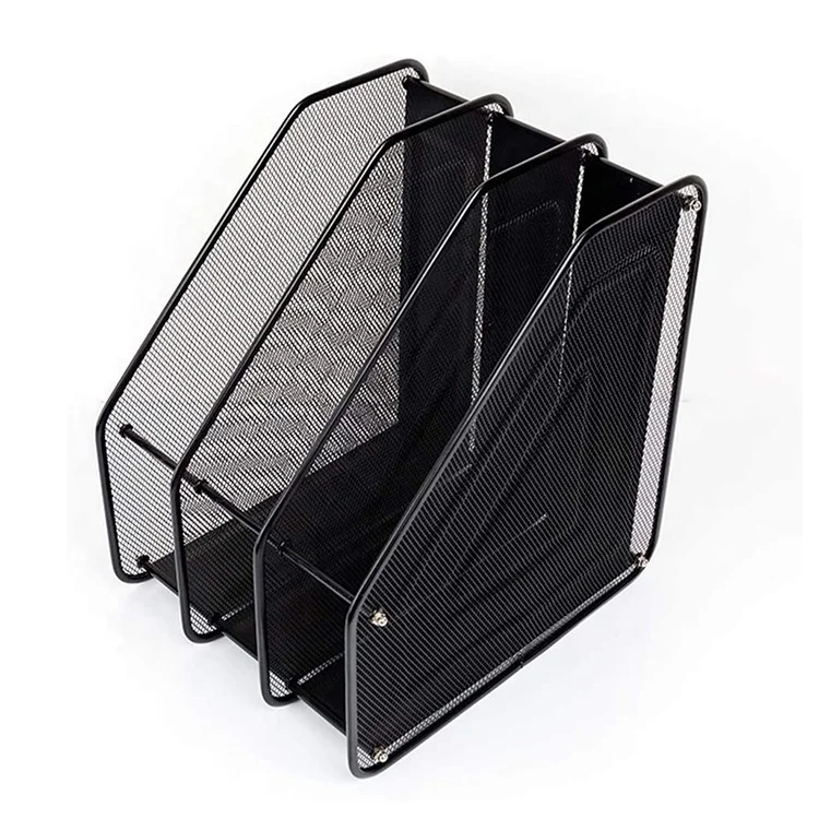 
High Quality Metal Mesh 4 Compartment Magazine Black Metal Mesh, Office Desktop Document & File Organizer Rack/Magazine Holder 