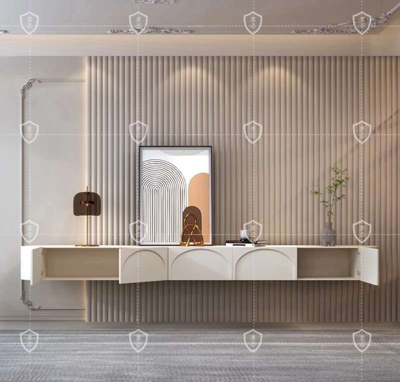 Tv cabinet french white tv stand  light luxury semicircle Arc wall hanging unit tv cabinet modern design floating  locker
