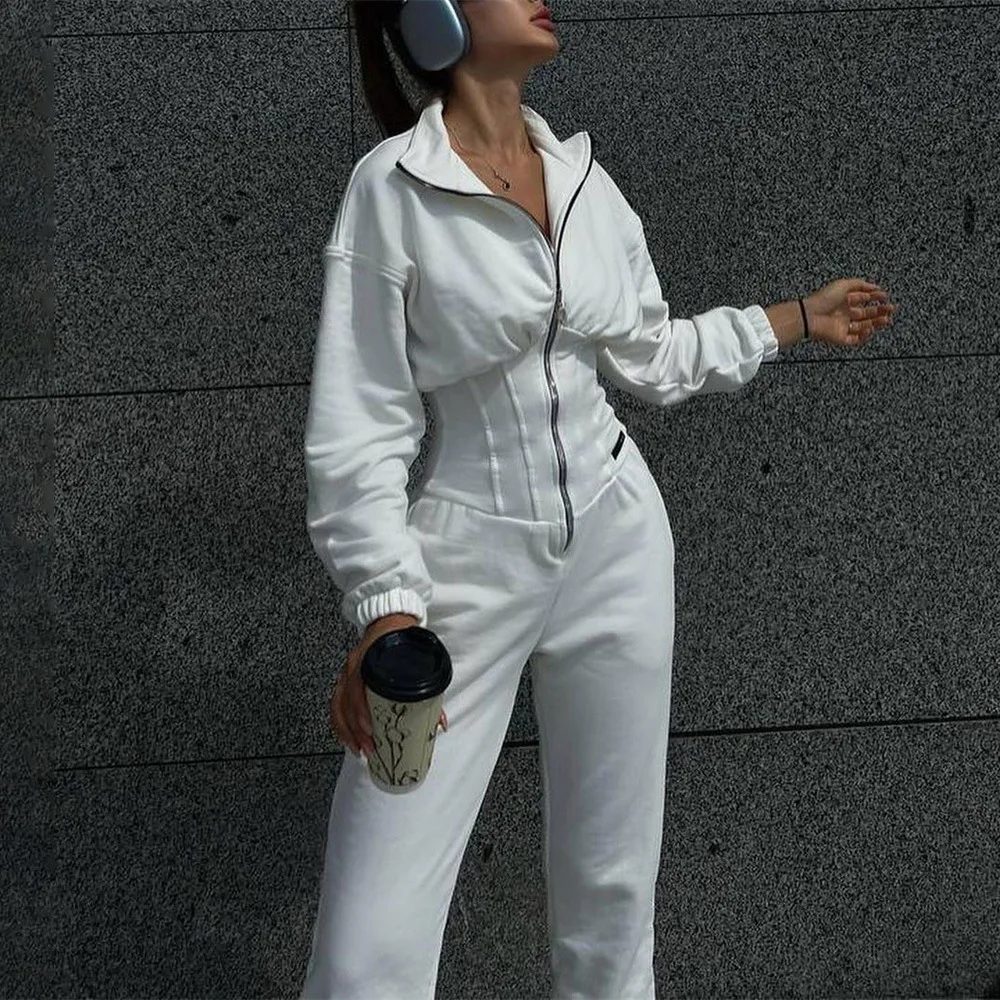 2023 Custom Uniform Casual Lapel Long Sleeve Zip Up Hoodie Workout Jumpsuits For Women 2023 Pants Set