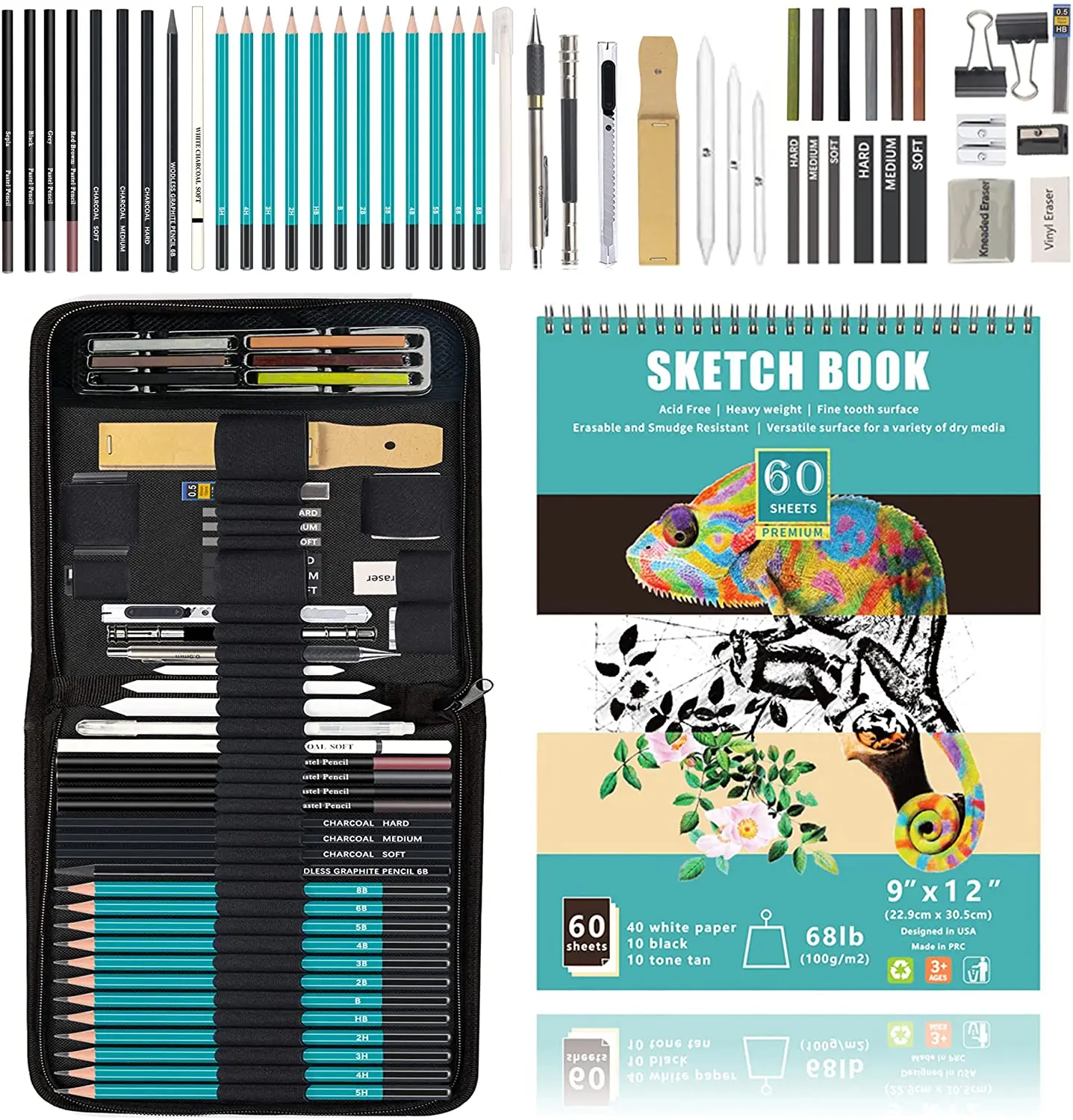 50 Pieces Drawing Sketching Set Complete Artist Kit Graphite Charcoal Pencils Sticks Pastels Erasers