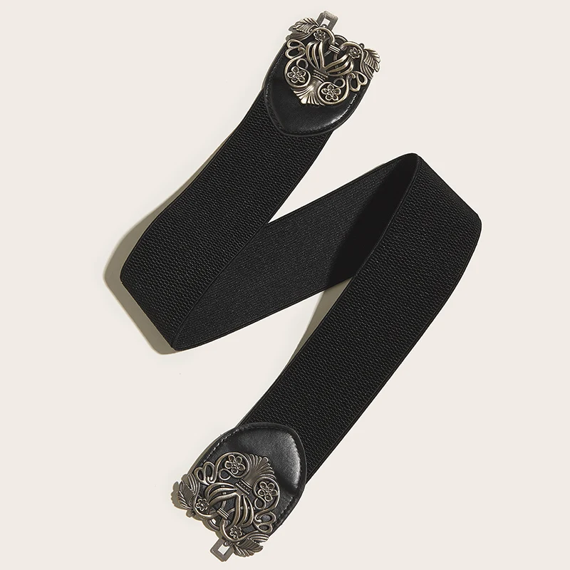 85cm Plus Size Vintage Breathable Elastic Black Girdle Belt Exquisite Metal Buckle Wide Waist Seal
