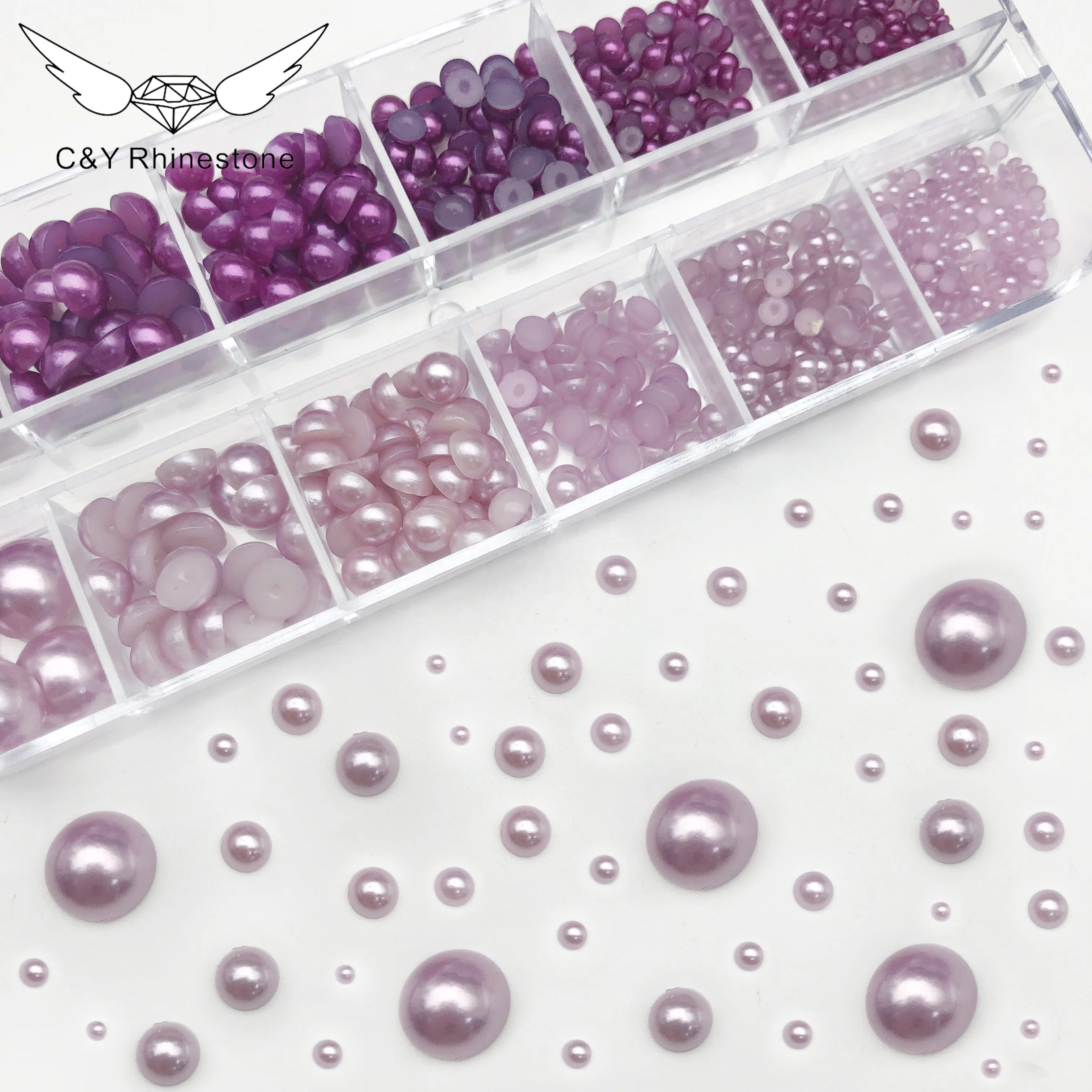 C&Y 12 Grids Mixed Colors Sizes Round Flat Back Pearls on Nail Resin Beads Loose Pearl