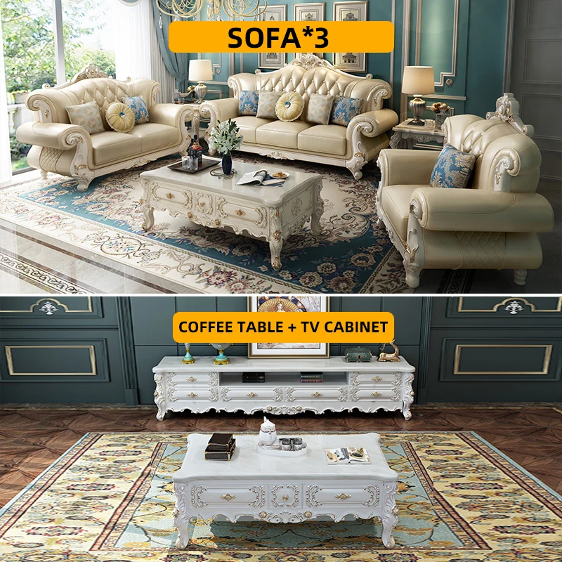 Royal European Style Sofa Flower Leather Victorian Vintage Classic Sofa Furniture Solid Wood Carved Luxury Classic Sofa Set