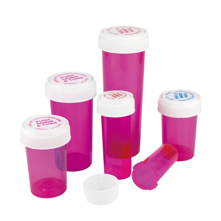 8dr 13dr 16dr 20dr 30dr 40dr 60dr Child Proof Pill Bottle Reversible Cap Prescription Push Down And Turn Plastic Vials