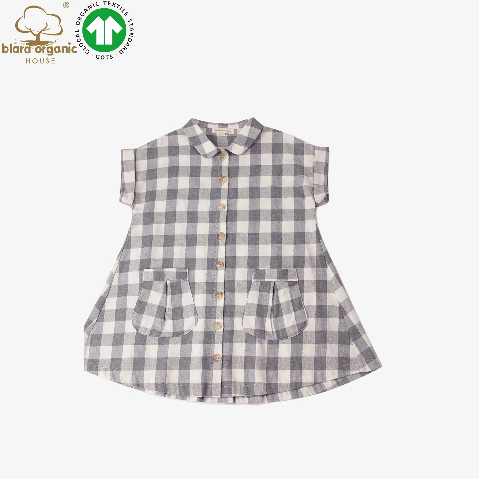 GOTS  Cotton Retro Stylish Girl Button Closure Pleated Shirtdress Child Overall Style Peter Pan Collar  Summer Shorts Dresses