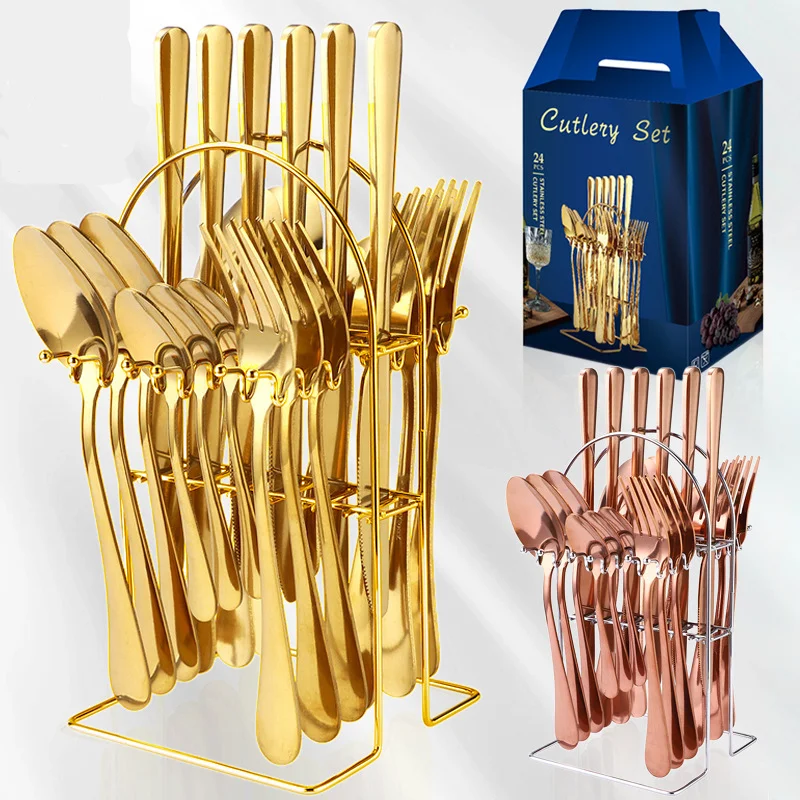 Hot Selling Wedding Cutlery Set Stainless Steel Knife Spoon Fork Silverware 24Pcs Gold Cutlery Set