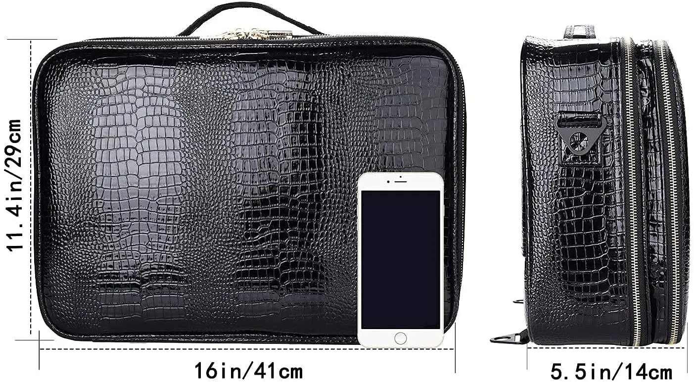Makeup Bag Travel Case Crocodile Pattern 3 Layers Large Portable Makeup Train Case Cosmetic Organizer and Storage Box