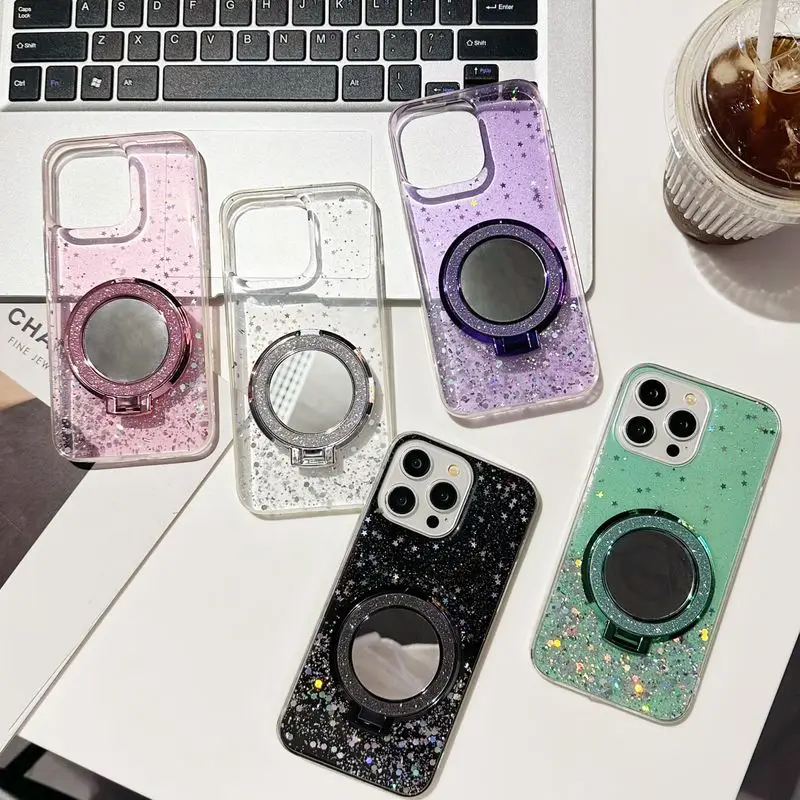 Mak up mirror bracket glitter tpu phone case for iphone 11/12/13/14/15