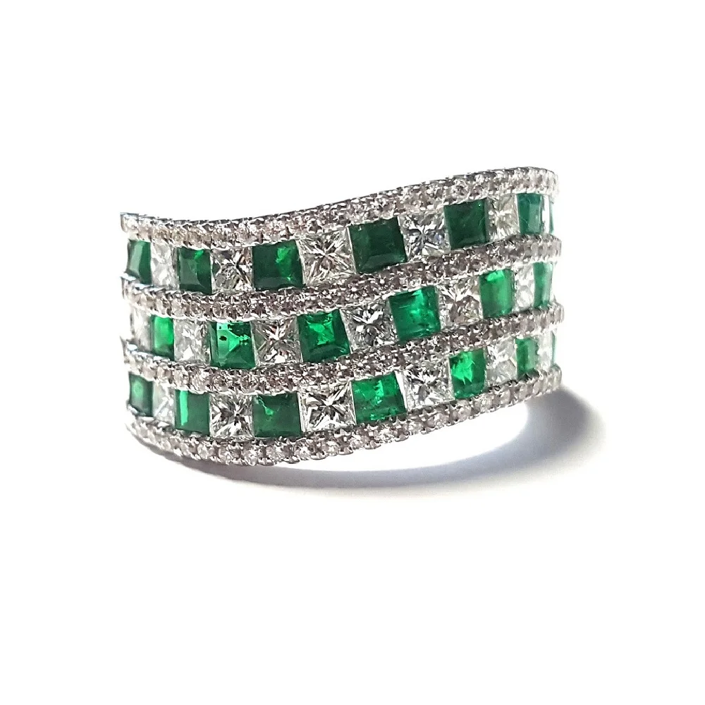 Extraordinary Design 18k Solid White Gold High Quality Princess Cut Diamond Gem Stone Emerald Jewelry Wide	Band Rings	For Women