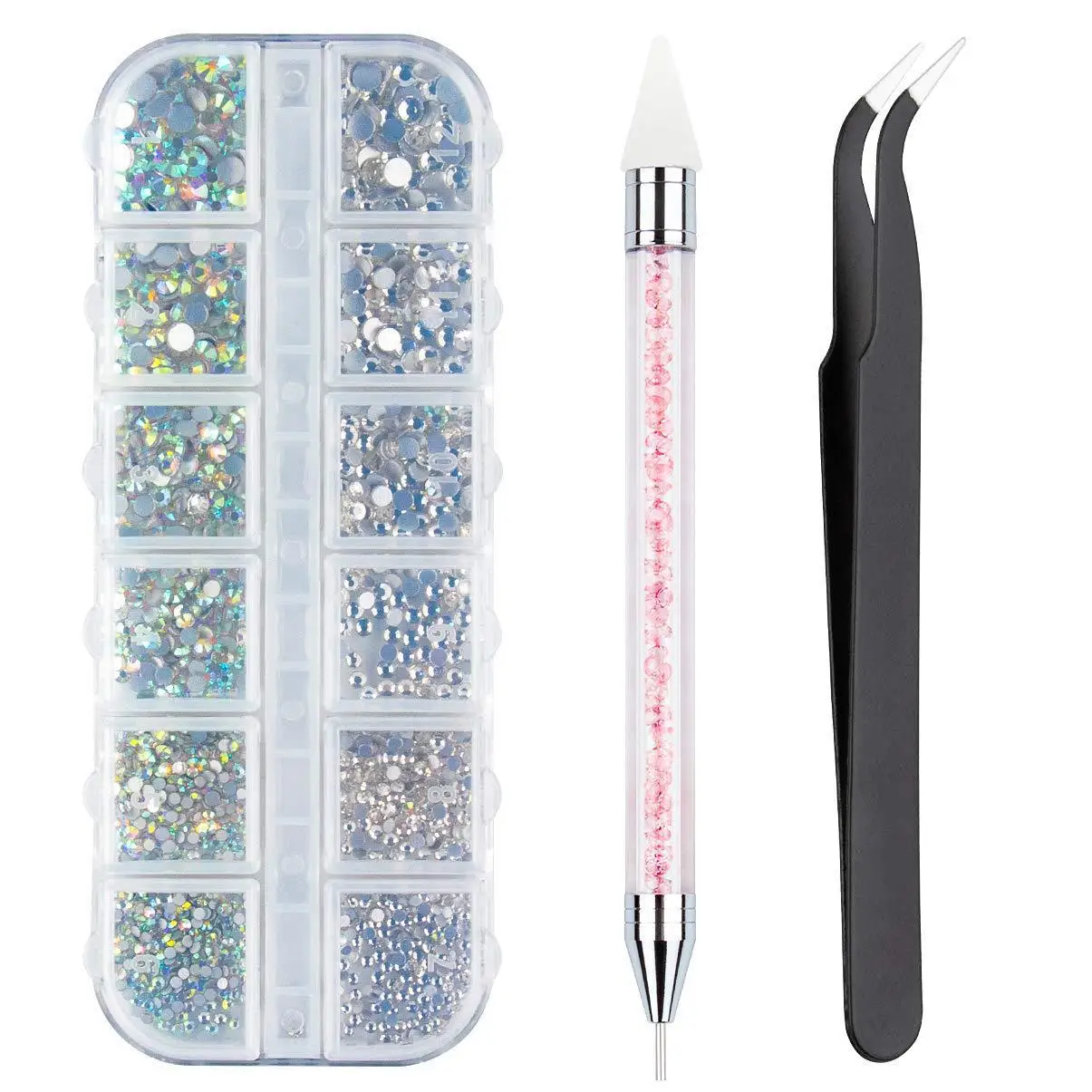 Crystals AB Nail Art Rhinestones Decorations Nail Stones for Nail Art with Pick Up Tweezer and Rhinestone Picker Dotting Pen
