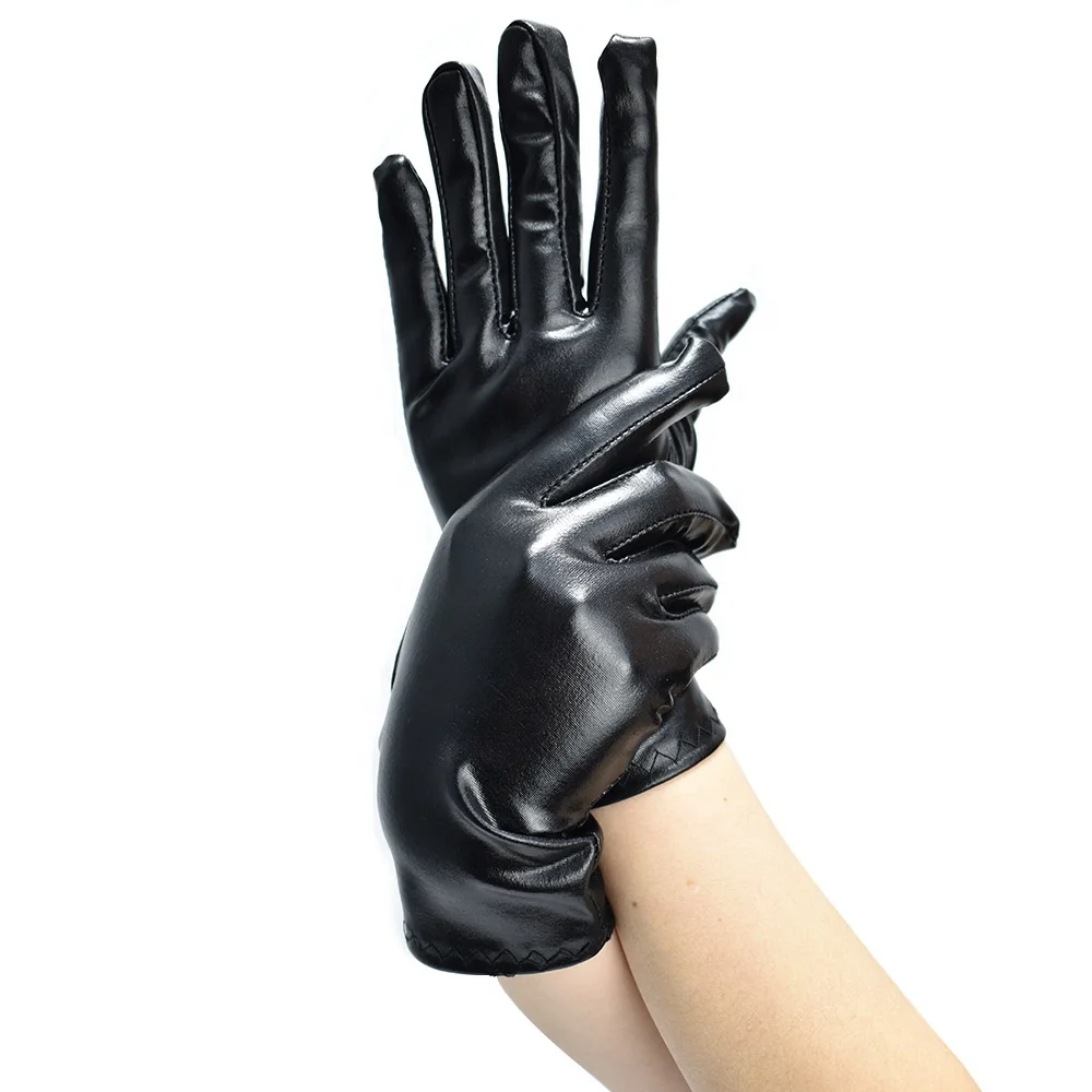 Leather PU Halloween Evening Dress Party Finger Gloves Shiny Black Stretch Glove