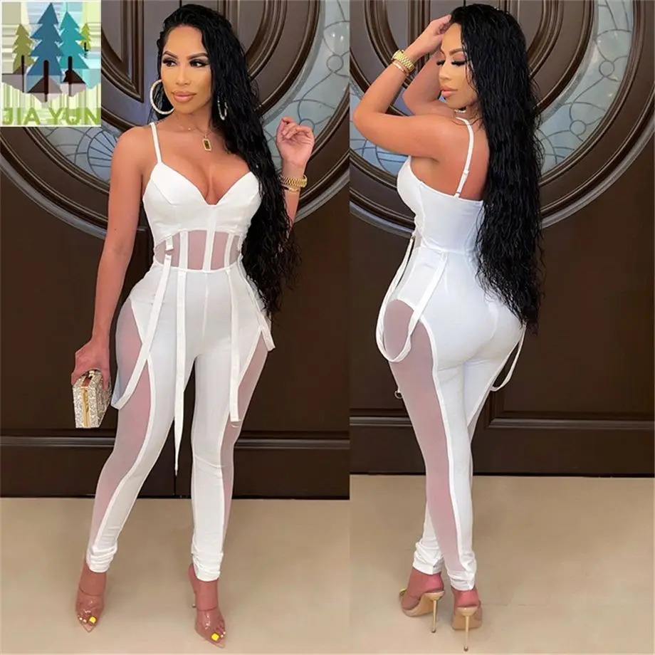 New Arrivals  Straps Mesh Patchwork Long Pants Adult Woman Jumper Suit Black Jumpsuit