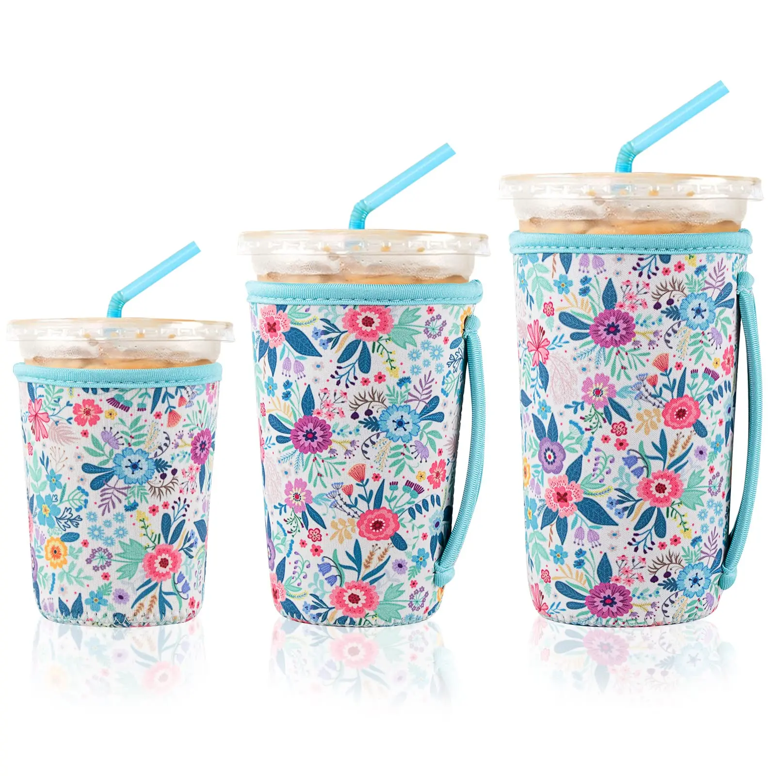 Wholesale Sublimation Silk Printing  Coffee Drinks Neoprene Coozies 3Size Reusable Neoprene Iced Coffee Cup Sleeve With Handle