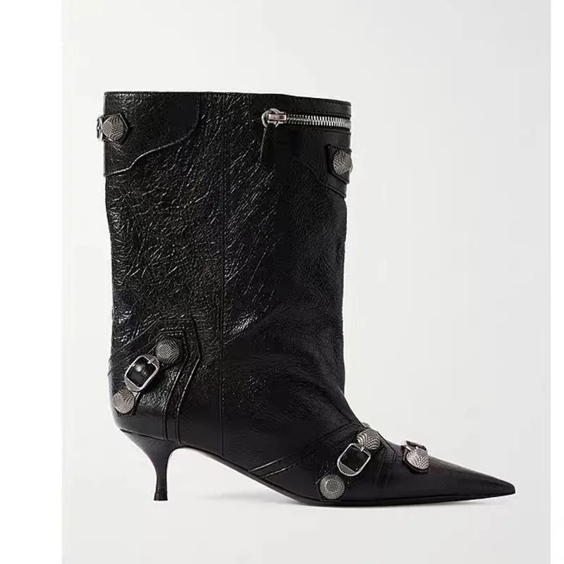 BUSY GIRL MY4685 ankle boots for women zip-embellished studded rivet buckle crinkled-leather kitten high heels motorcycle Boots