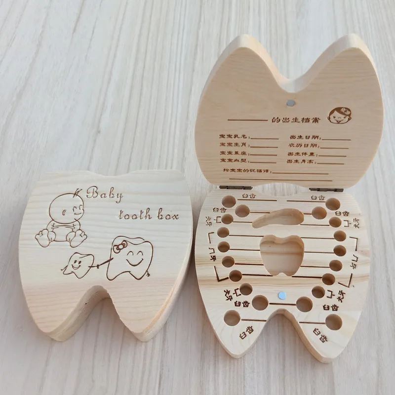 Wholesale Kids Wooden Tooth box Portuguese/English /Spanish/ French /Italian Baby First Tooth Box Child Milk Teeth Storage