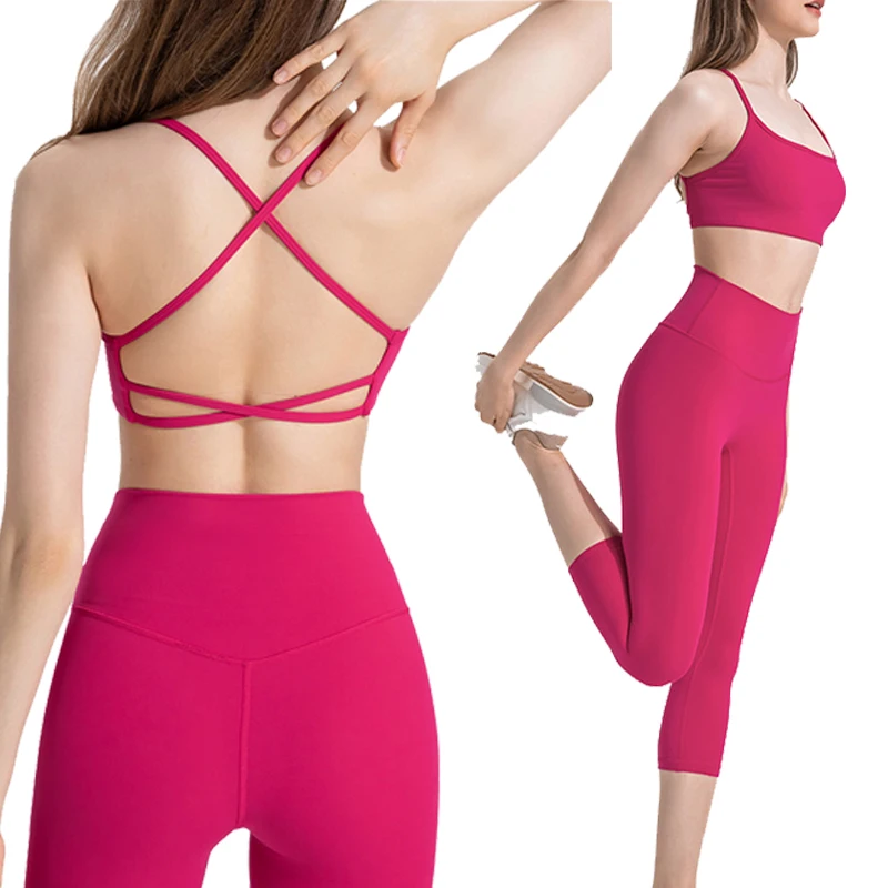 strap cross back nylon elastic fitness bras top legging without T line 3/4 fitness pants 2 pieces gym set women workout clothes