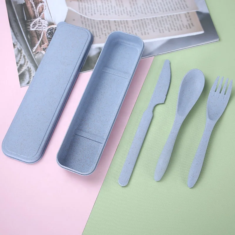 Portable wheat spoon and fork knife reusable wheat straw fiber plastic cutlery with case