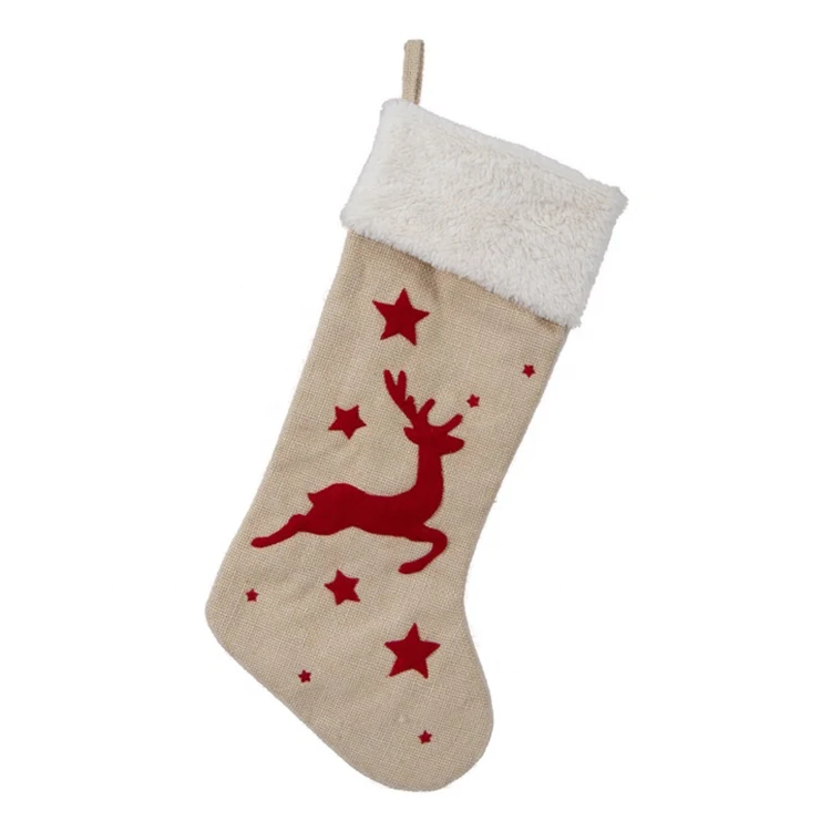 
Promotional Socks Jute Burlap Exquisite Embroidery Plush Reindeer Handmade Holiday Decor 