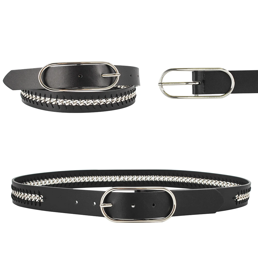 Metal  custom made chain silver with black waist chain pu women belts