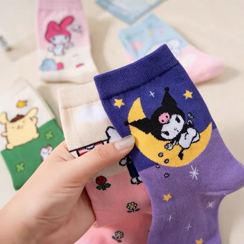 Hot Kawaii Sanrios Cotton Socks Anime KT Cat Kuromi Cinnamoroll Breathable Cartoon Socks Cute Girls Cotton Home Warm Sock