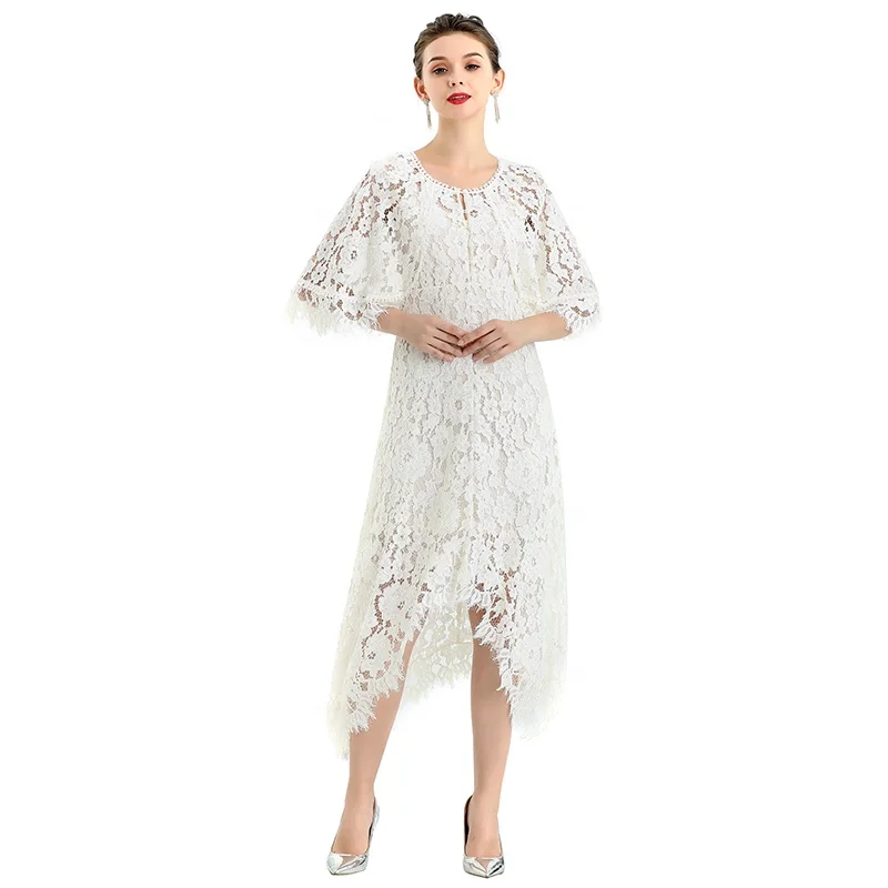 ND078-4 custom odm oem Peony lace cape sleeve flared asymmetric hem midi evening dress factory for women