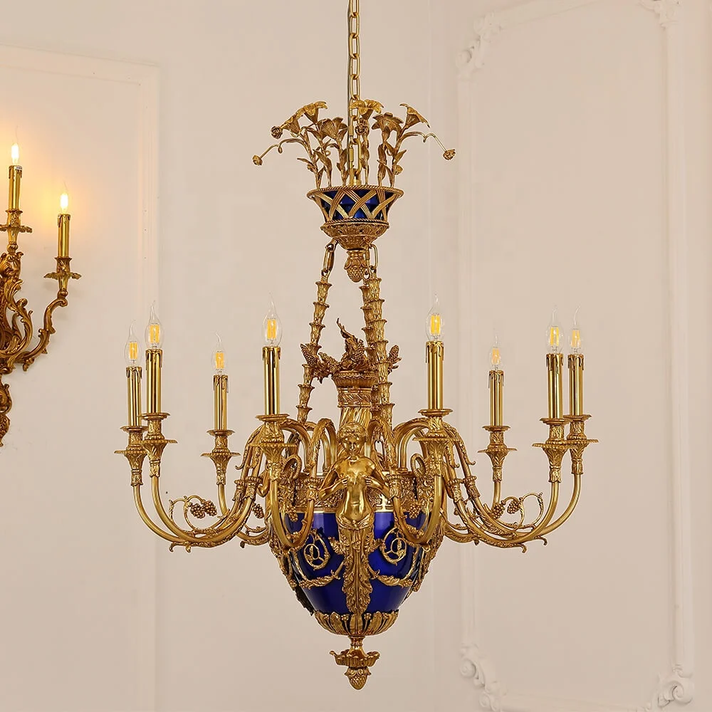 Vintage Rococo Bronze Chandelier Villa Living Room Blue Porcelain Chandelier