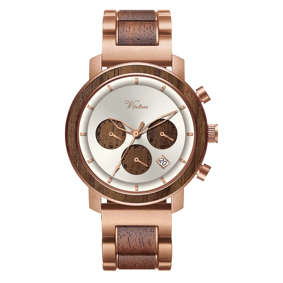  New Original Design Custom LOGO Wholesale Waterproof Luxury Wooden Wrist Watches Chronograph Metal Stainless Steel Wood