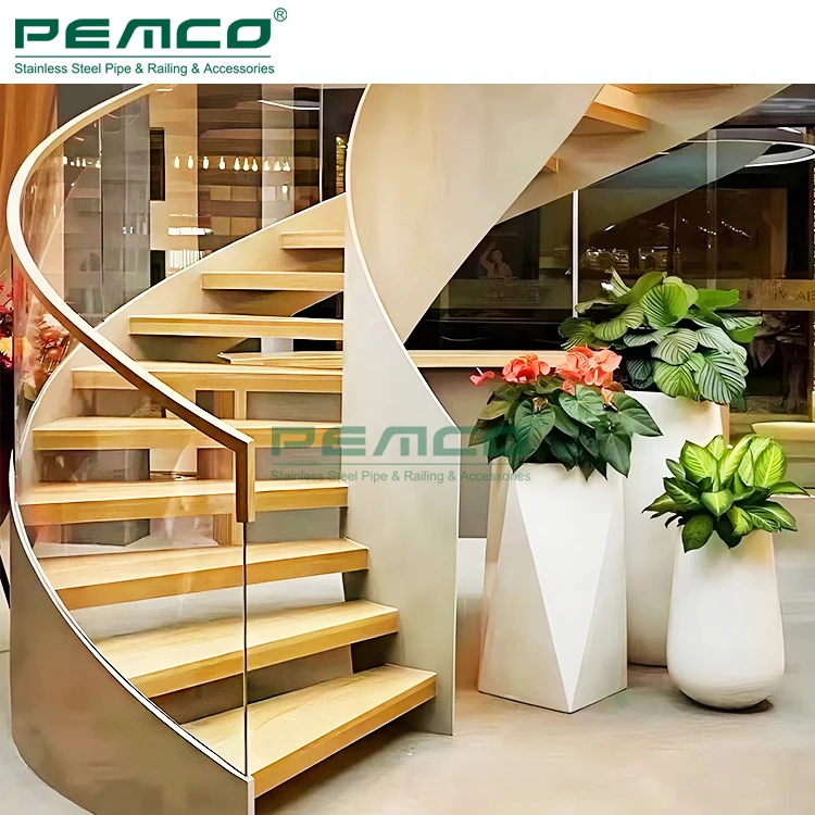2024 Hot Sell Shopping Mall indoor Home Wooden Tread glass Railing Spiral curve Staircase