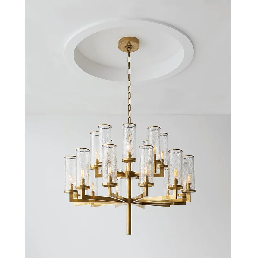 American Modern Minimalist Pendant Light Luxury Ice Cracked Cylinder Glass Classic Living Dining Room Lamp Copper Chandelier