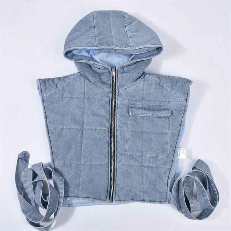 Hooded Denim Cotton Padded Washed Denim Vest 2023 Spring Womens Jean Puffer Vest Women Casual Bubble Bomber Jacket
