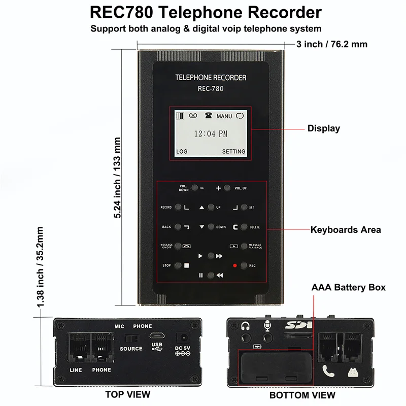 Land Line Telephone Recorder,Compatible Analog Digital IP Telephone Line System,Records Phone Call by RJ11 or RJ12 Connector