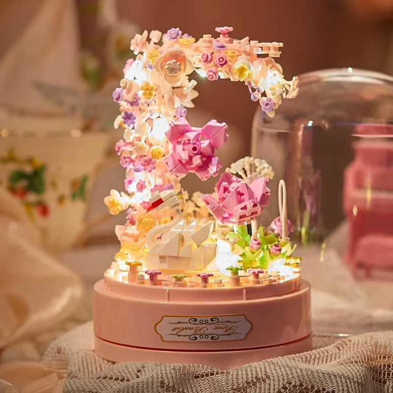 New Arrivals Collection Assembled 3D Model Mini Brick Swan Music Box Rose Flower Building Block Toys For Kids
