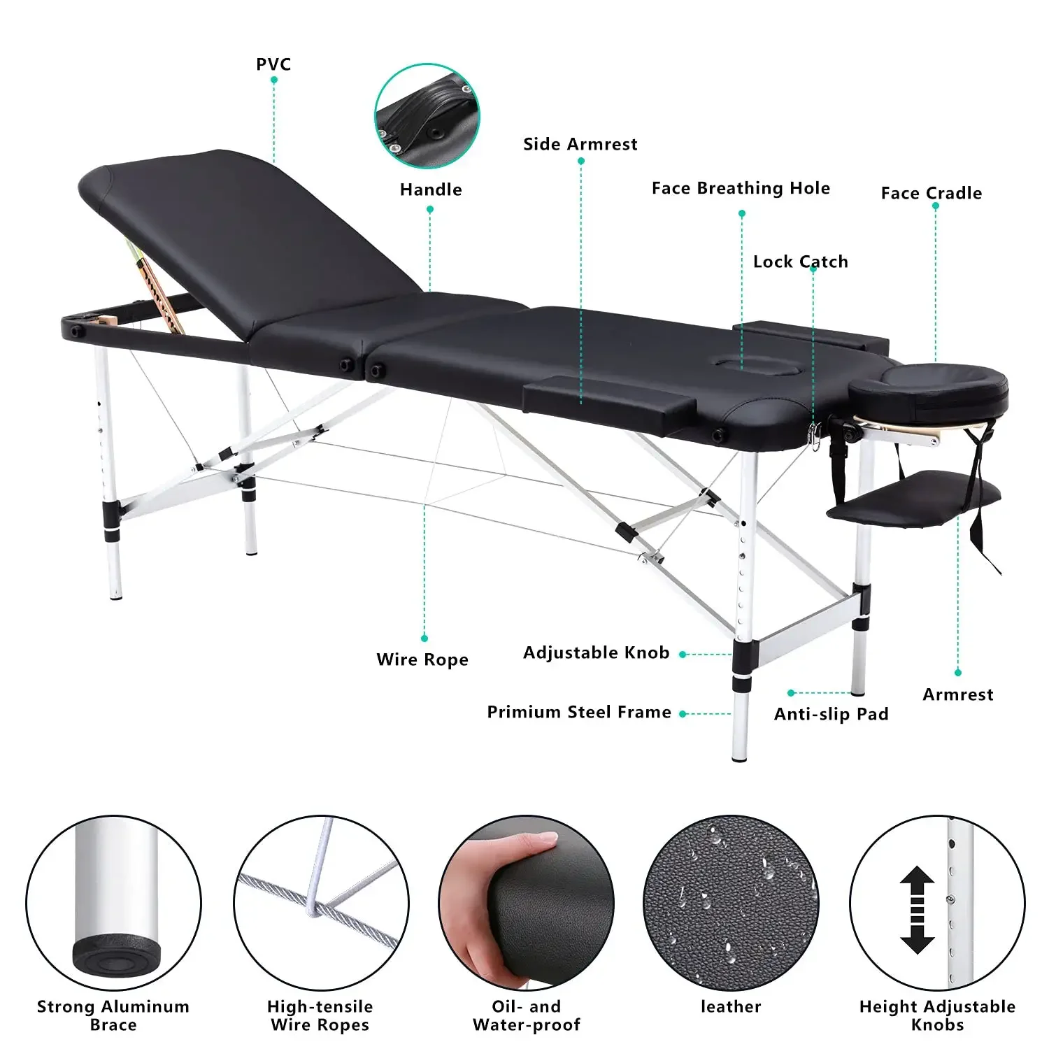 Portable 3-Section Lightweight Pink Salon Furniture Better Quality PU Massage Table Stretcher