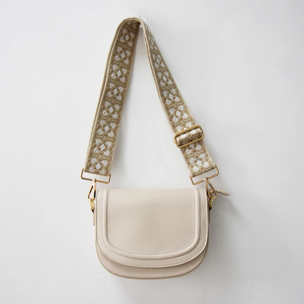 Goatskin  Leather Feeling Saddle shape Classic ladies Design Bag Small Size with Woven Strap Hand Free  for Girls and Women