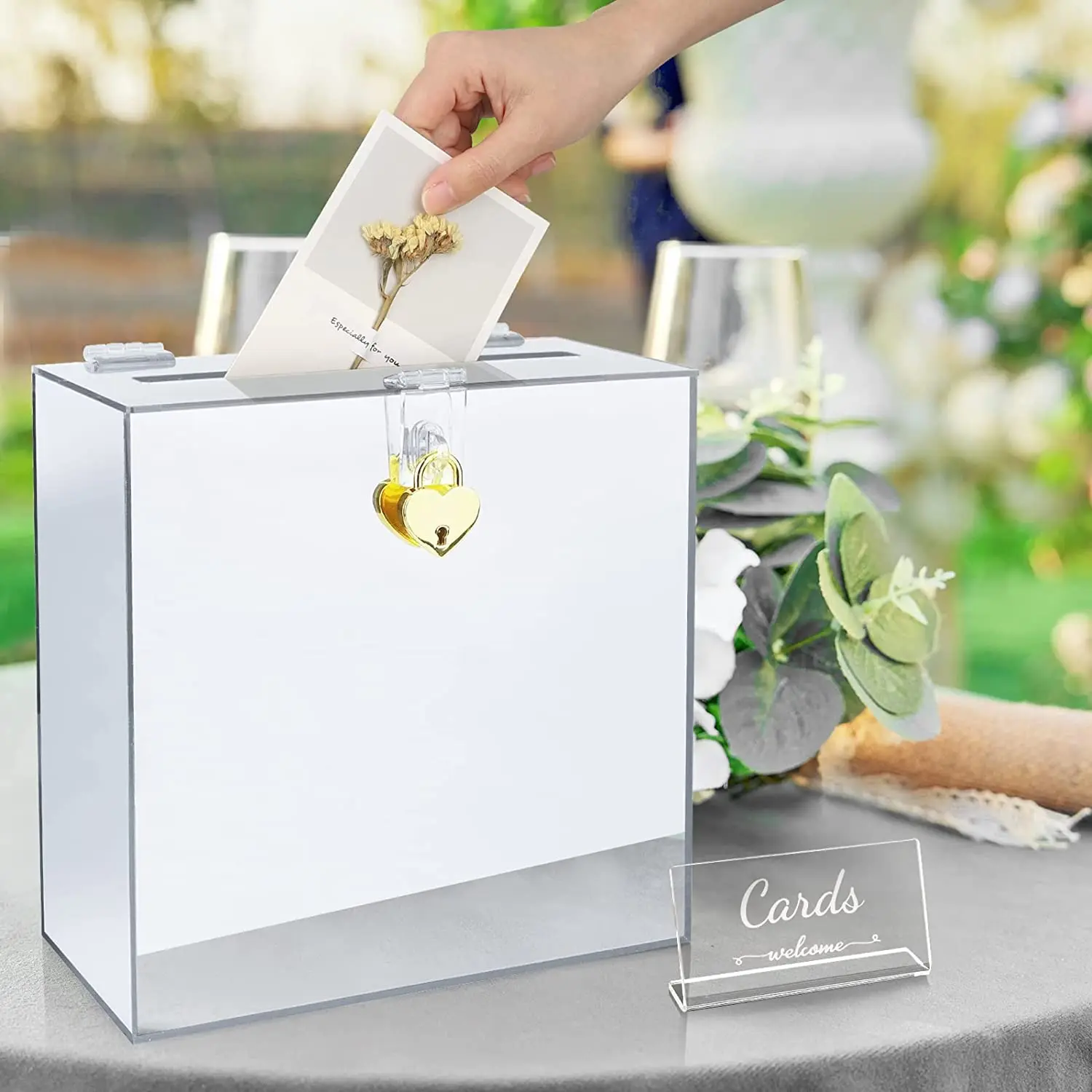 Large Clear Acrylic Card Box w/Lock, Thick Wedding Box w/Slot Gold Foil Print for Reception Decoration Fundraiser Money Box