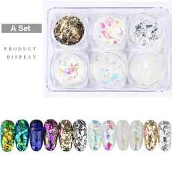 6Pcs Holographic Nail Glitter Sequins Set 3D Irregular Broken Glass Nail Art Foils Flakes Aurora Colorful Manicure Decorations