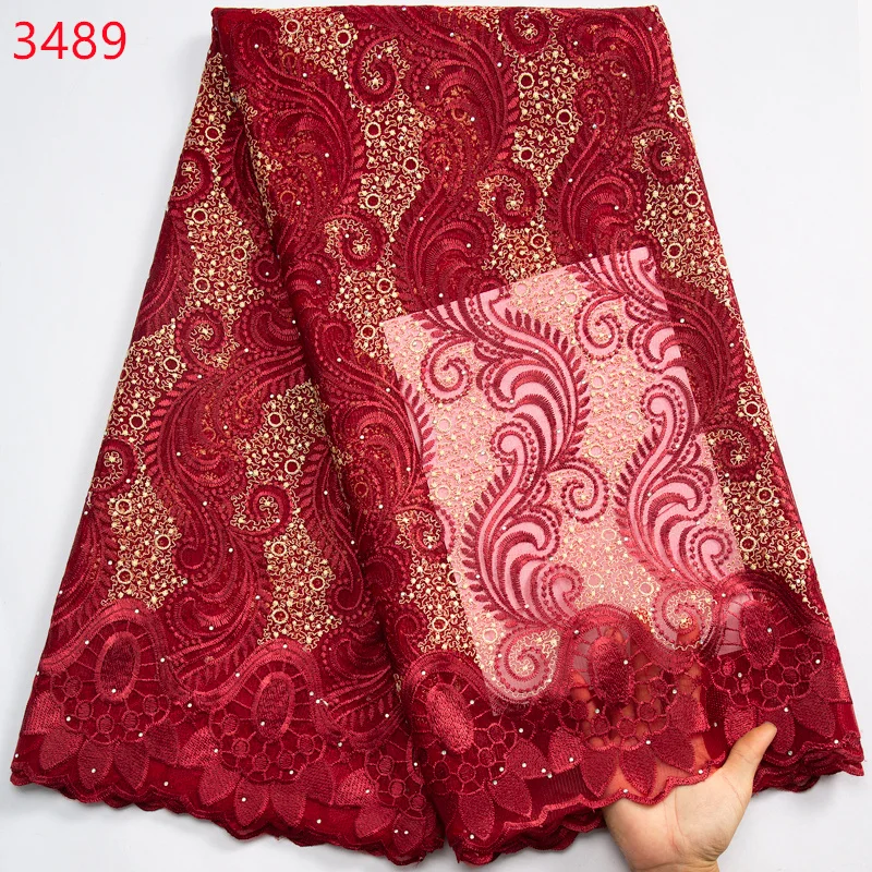 3489 African Tulle Lace Fabric 2023 High Quality 5Yards Nigeria Mesh Lace Fabric with Stones for Wedding Party Dresses