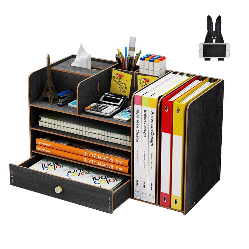 Bamboo Wooden Office Desktop Organizer Desk Bookshelf Storage Shelf Rack Bookcase with Drawer