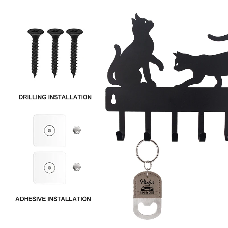Customized Key Holder Rack Wall Mount Key Hook Black Cat Design with 6 Hooks for Home Decoration