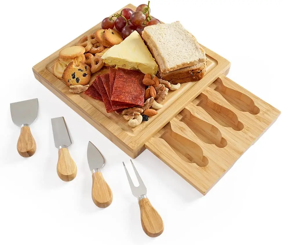 XH Banmboo Charcuterie Boards Set with 4 pcs cheese knives, Charcuterie Board Set, Bamboo Cheese Board Set