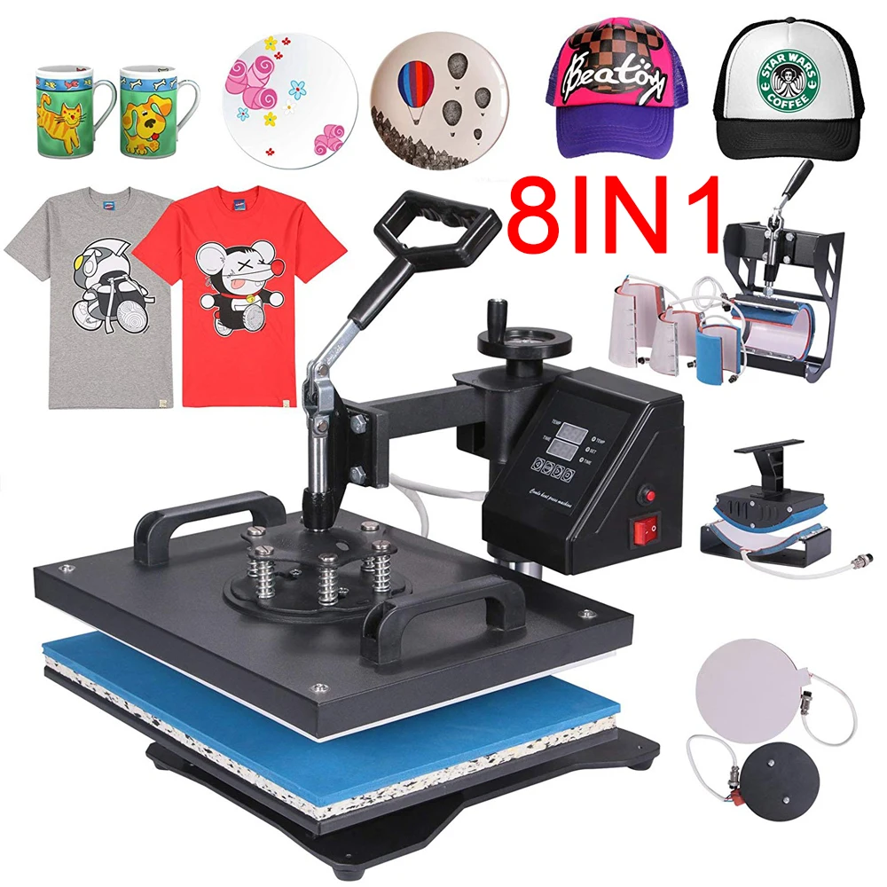 Double Display  Swing Heat Press Machine 8 1 for T shirt Mug  Hat Plate Case Puzzle Bag Sublimation Printing