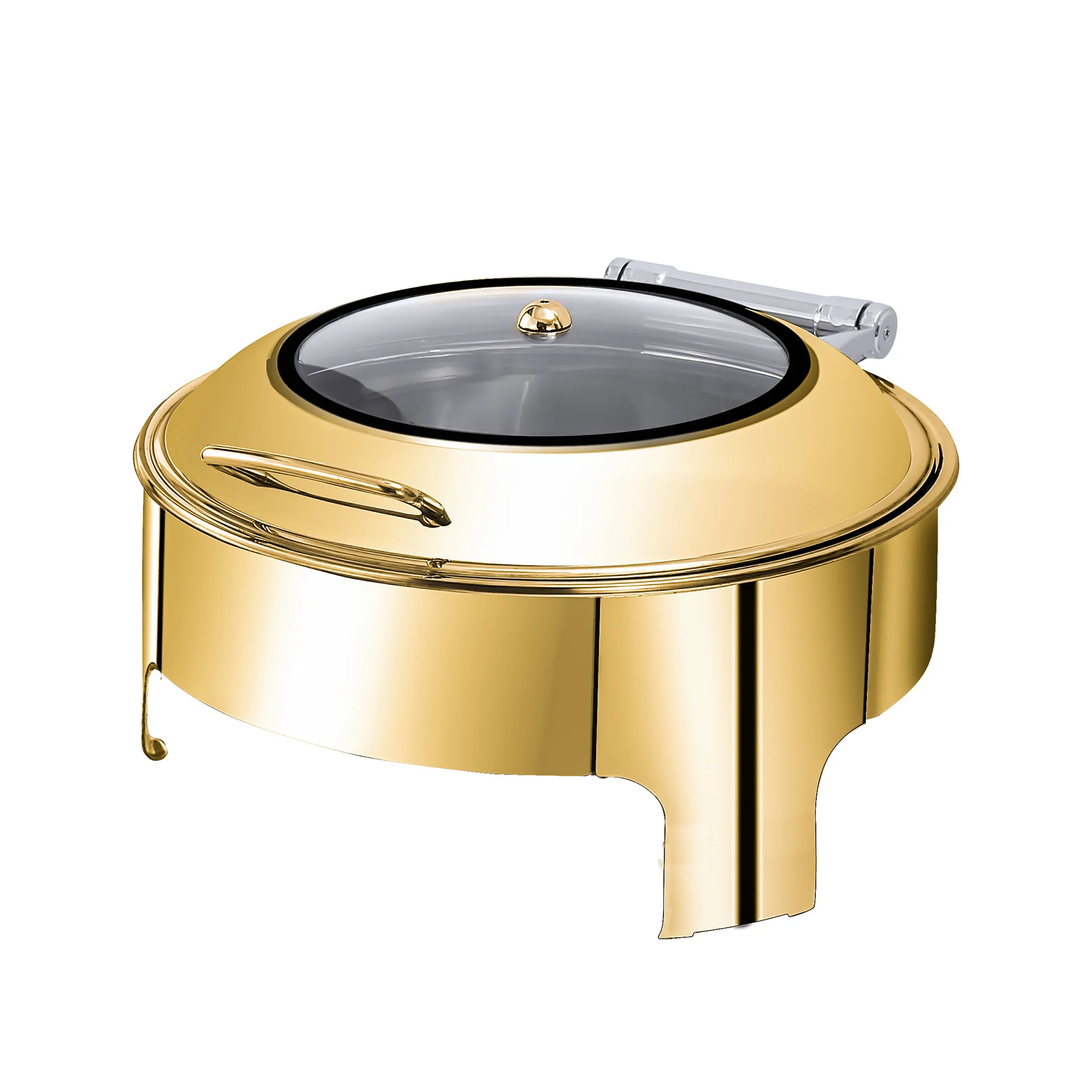 Luxury stainless steel silver and gold roll top 6.0L round chafing dish with window for banquet food warmers