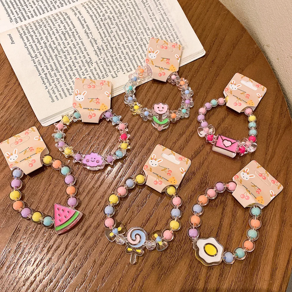 2022 New Arrival Kids Jewelry Accessories Fashion Pastel Candy Colored Beaded Heart Crown Flower Pendant Bracelets For Girls