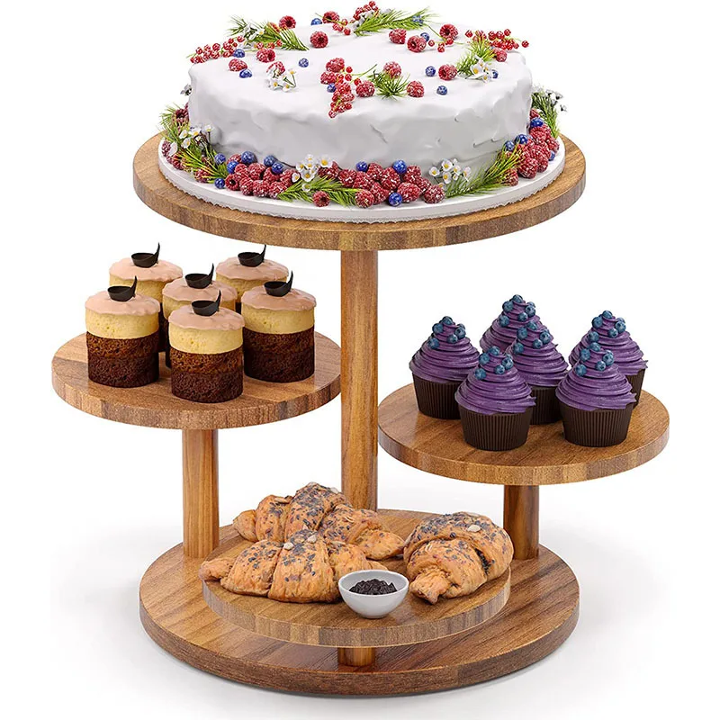 Wholesale Acacia 4 Tier Round Cupcake Tower Stand for Display Wedding Cake Stand