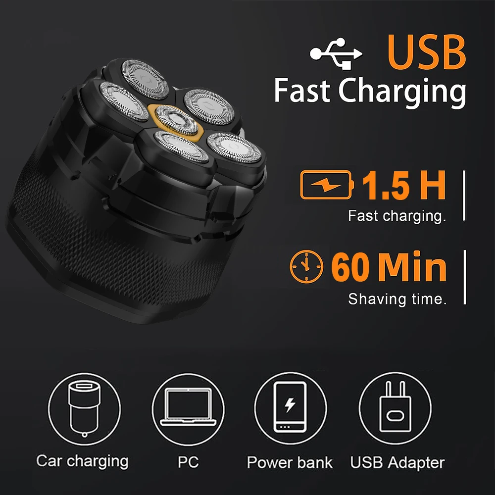 Waterproof 6D Head Bald Shaver Magnetic Head Shaving Machine Cordless Electric Mini Rotary Shavers For Men with LED display