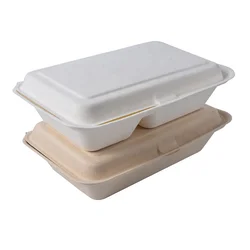 Disposable clamshell food containers compostable sugarcane bagasse lunch box plate dish oval round white & brown