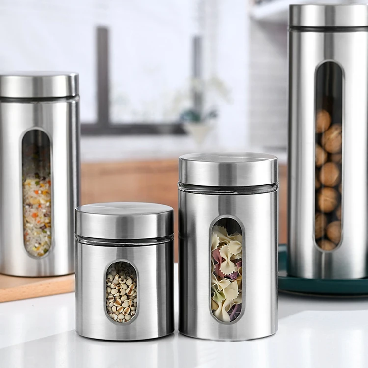 Bestlife Kitchen Canister Set   Containers with Lid and Visible Window for Dry Food Snack Beans Stainless Steel Food Storage