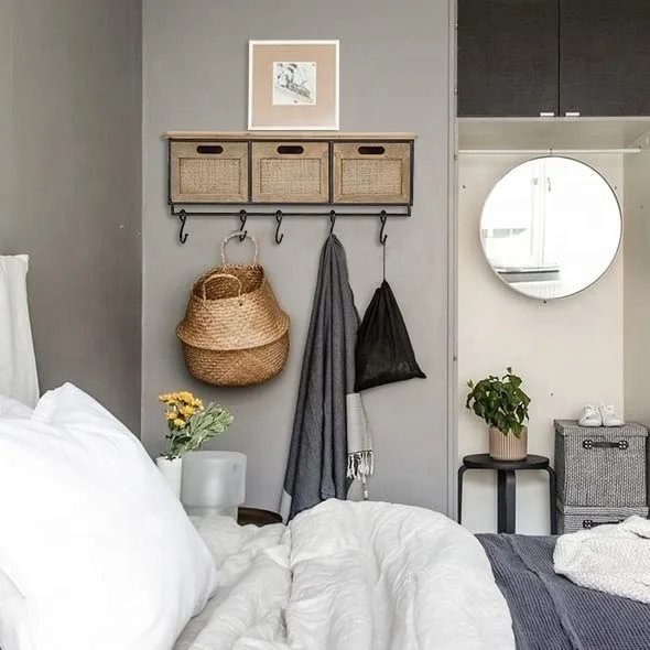 Rustic Wall Mounted Key Coat Rack Storage Shelf Wooden Entryway Floating Hanging Shelf with 5 Hooks 3 Drawers for Living Room