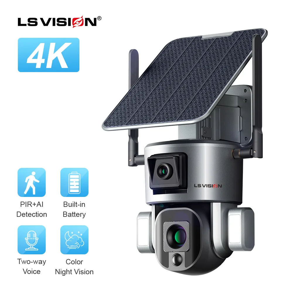 LS VISION 4K двойной объектив 4G уличная система безопасности беспроводной 10X оптический зум прожектор SIM-карты солнечные камеры