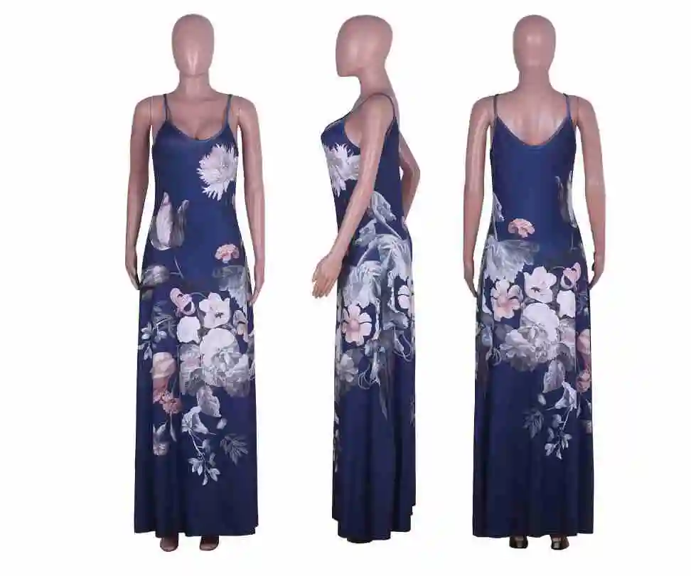 Fashion Women Clothing Casual Loose Spaghetti Strap Basic Maxi Floral Printed Beach Long Club Dresses